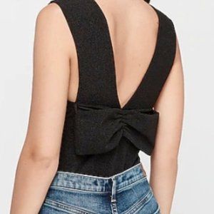 Ribbed Plunge Neck Bow Back Thong Bodysuit